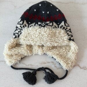 Cozy Faux-Fur Lined Knit Trapper Hat - Charcoal with Cream Fair Isle Pattern